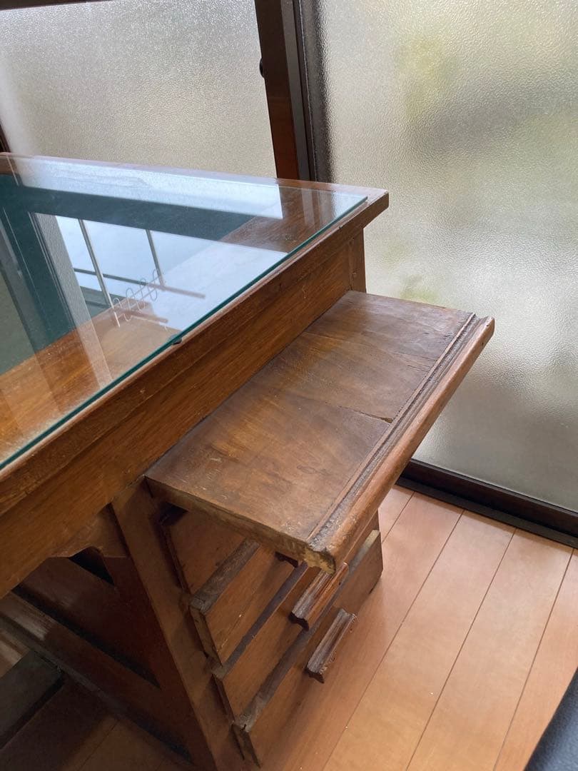 ヴィンテージ木製デスク(ガラス天板)【W122xH70xD76cm】★3月末まで