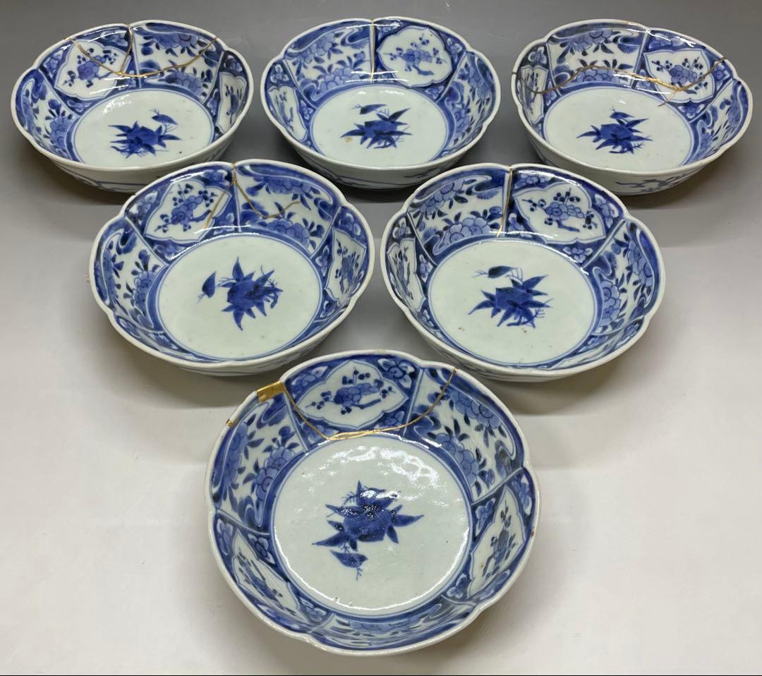 古伊万里　染付　芙蓉手　なます皿　全皿金継ぎ　6客　m3429