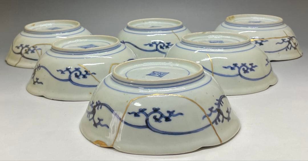 古伊万里　染付　芙蓉手　なます皿　全皿金継ぎ　6客　m3429