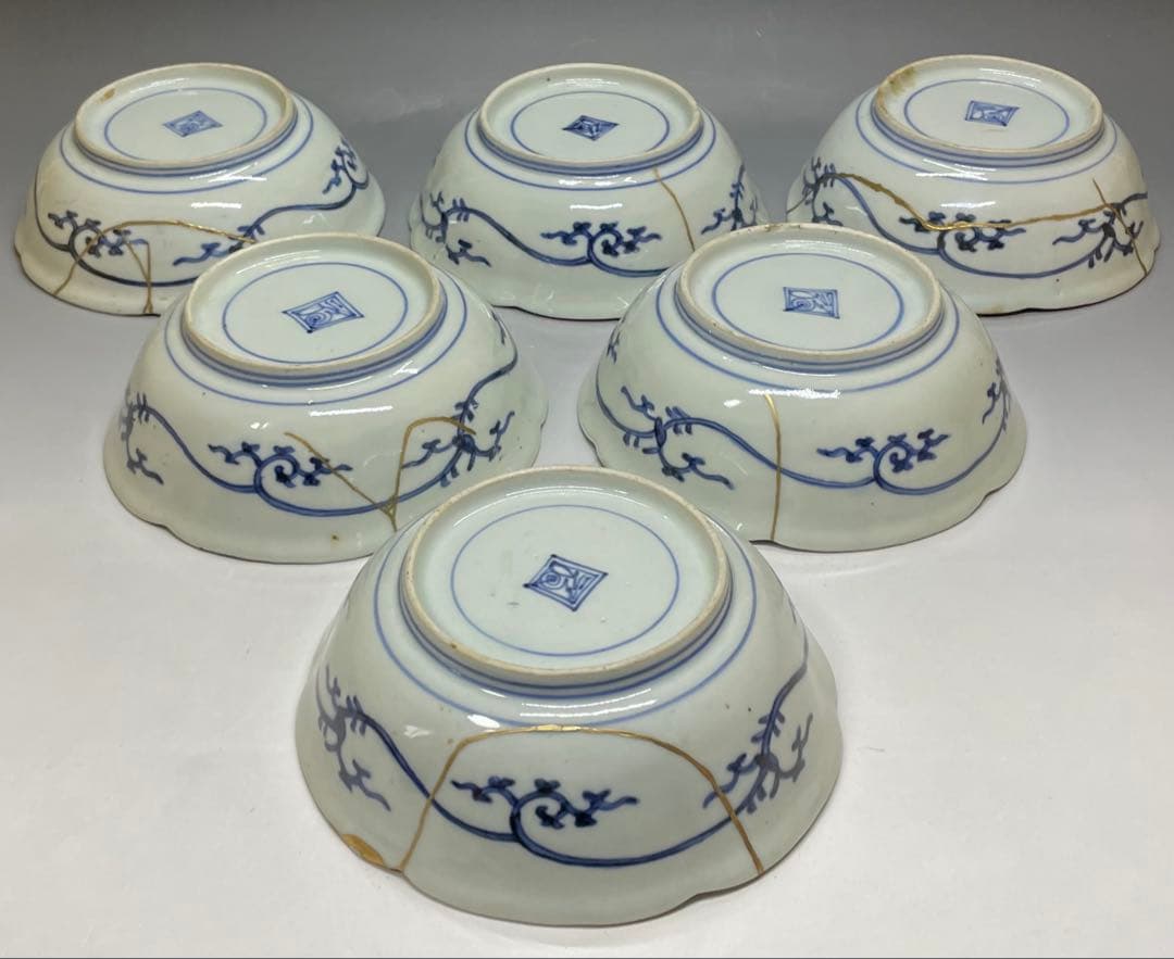 古伊万里　染付　芙蓉手　なます皿　全皿金継ぎ　6客　m3429