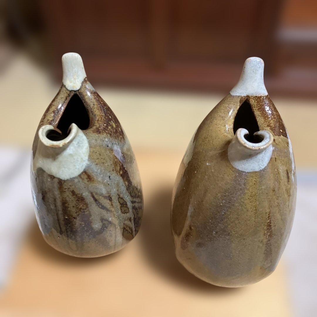 越中瀬戸焼★「庄楽窯」釋永由紀夫 造★『雷鳥 徳利』一対★未使用　専用箱有り