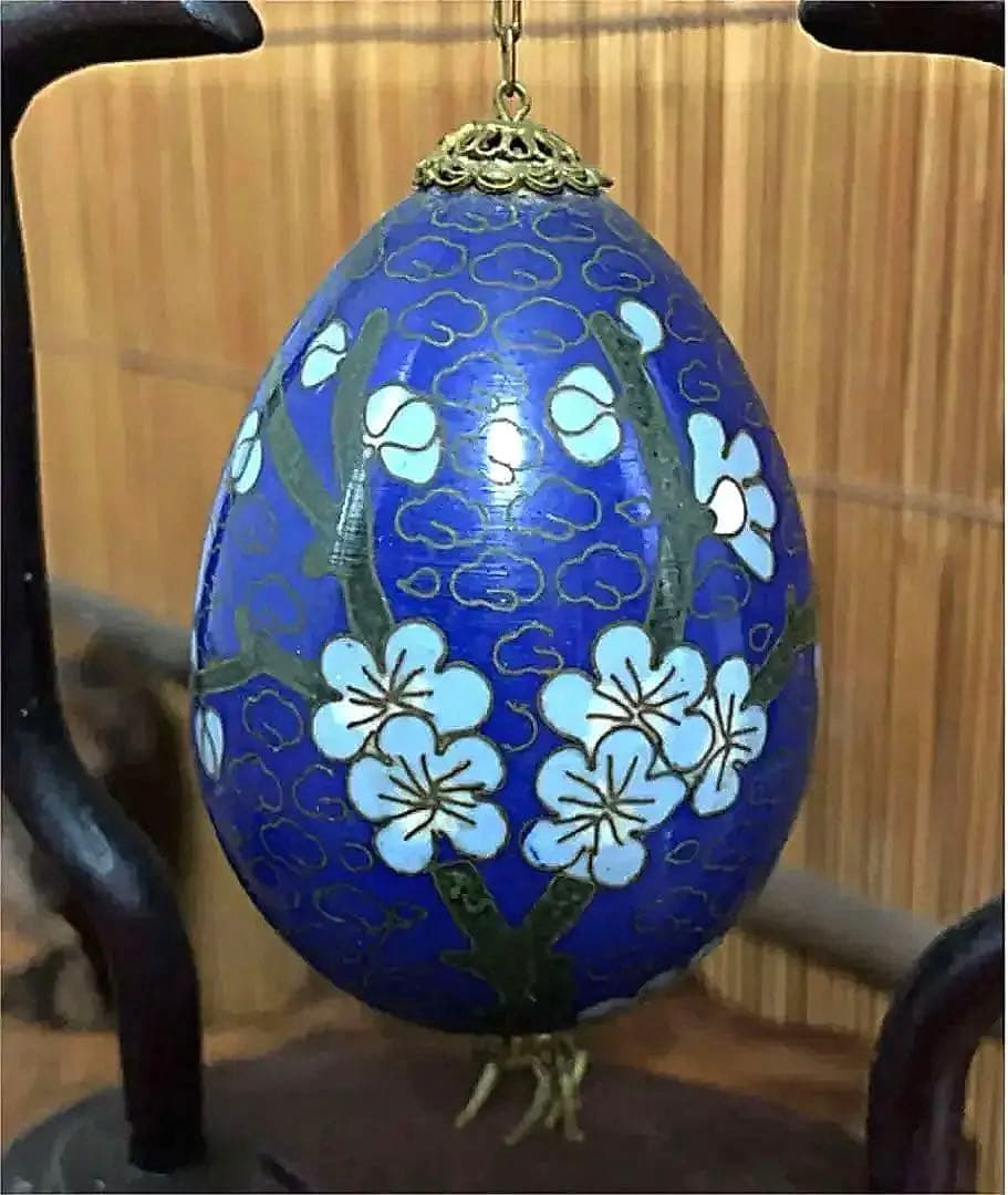 中国美術 花梅雲紋 吊り 古七宝 エッグ 唐木台 装飾