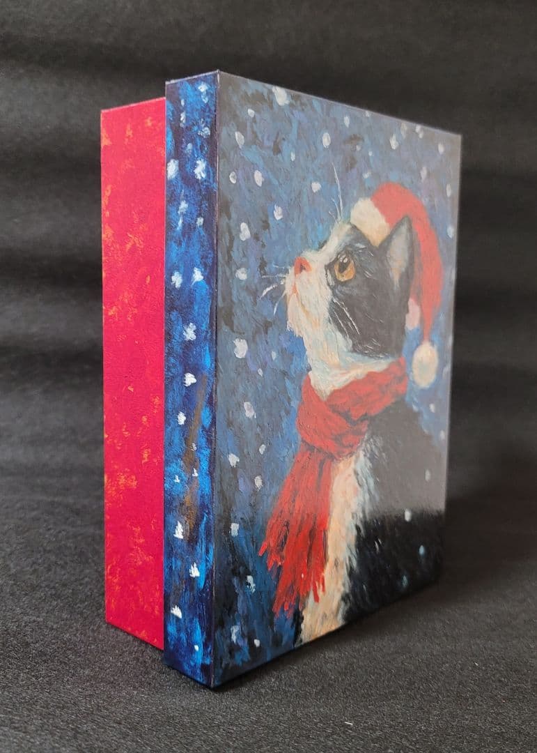 【原画】オイルパステル画「雪降る夜のサンタ猫」の秘密の絵箱
