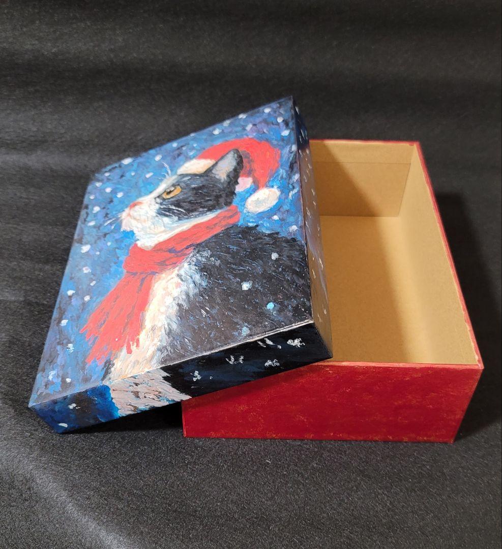 【原画】オイルパステル画「雪降る夜のサンタ猫」の秘密の絵箱