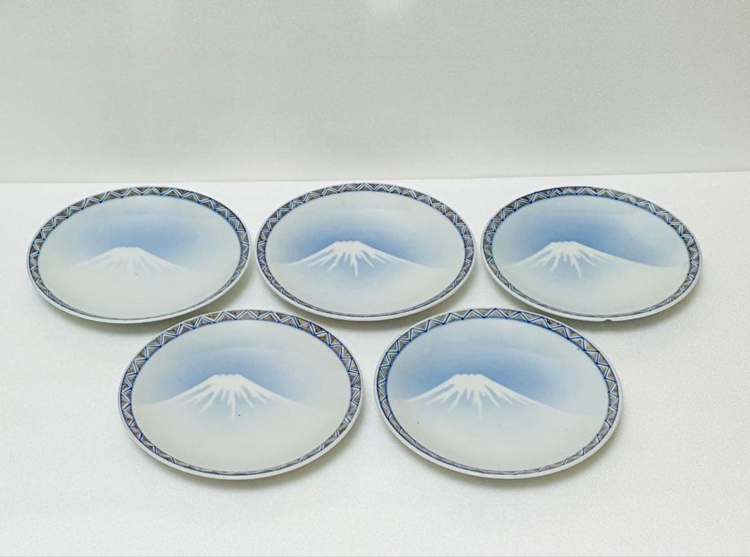 週末削除 明治 瀬戸焼 千峰園製 伊藤四郎左衛門 吹呉須富岳図6寸皿揃い