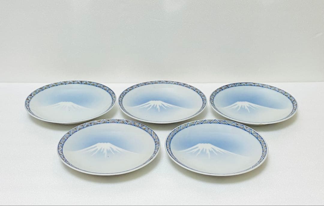 週末削除 明治 瀬戸焼 千峰園製 伊藤四郎左衛門 吹呉須富岳図6寸皿揃い