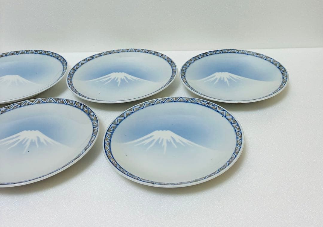 週末削除 明治 瀬戸焼 千峰園製 伊藤四郎左衛門 吹呉須富岳図6寸皿揃い