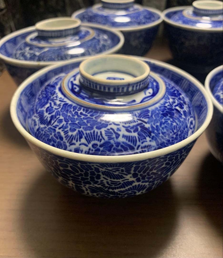 【明治期】伊万里 印判 蓋付飯茶碗 6客セット 角吉銘 牡丹花唐草 骨董