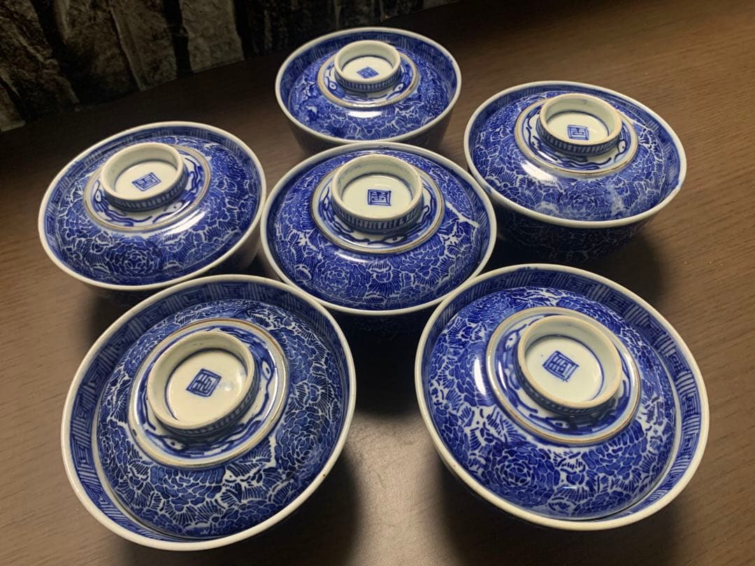 【明治期】伊万里 印判 蓋付飯茶碗 6客セット 角吉銘 牡丹花唐草 骨董