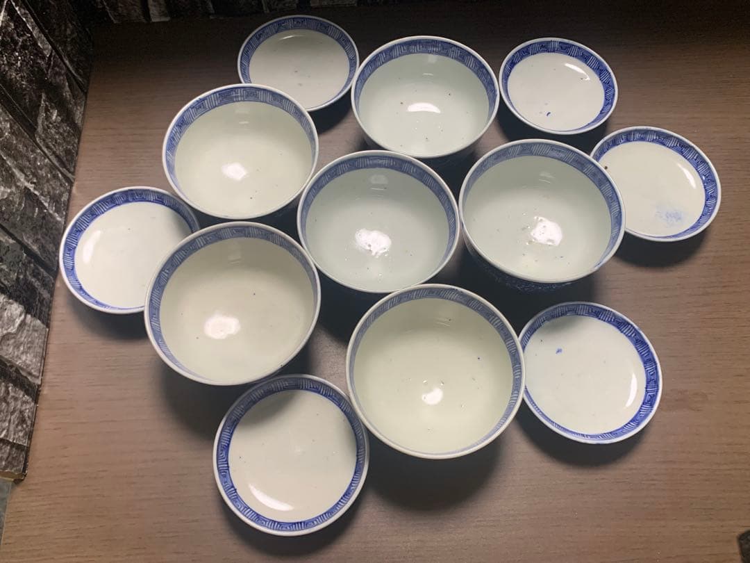 【明治期】伊万里 印判 蓋付飯茶碗 6客セット 角吉銘 牡丹花唐草 骨董