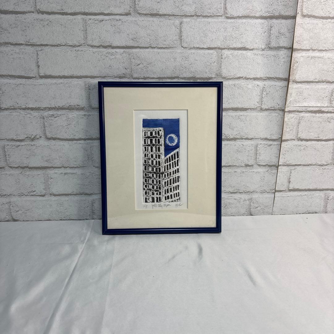 版画 額装 full city Moon 建物 アート インテリア