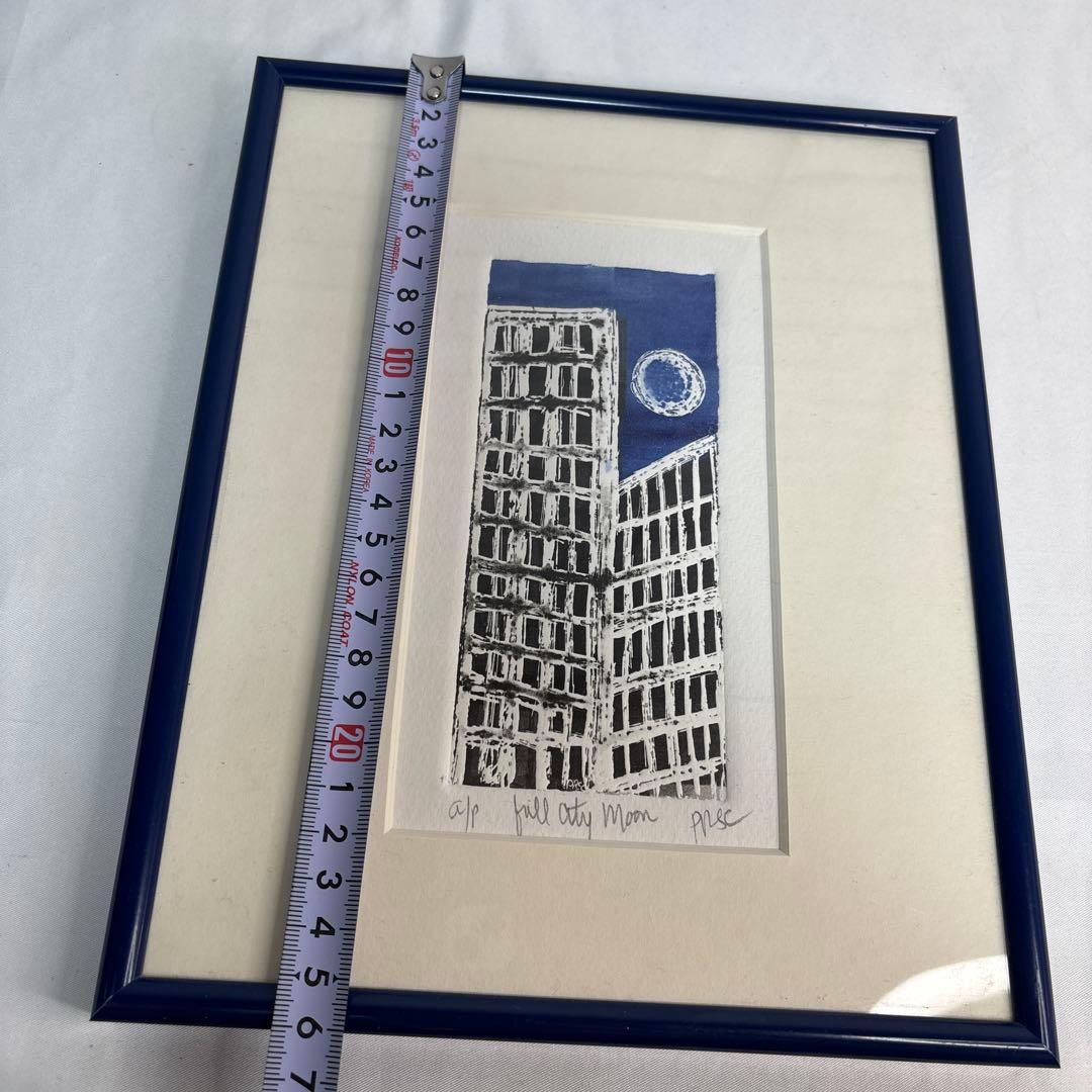 版画 額装 full city Moon 建物 アート インテリア