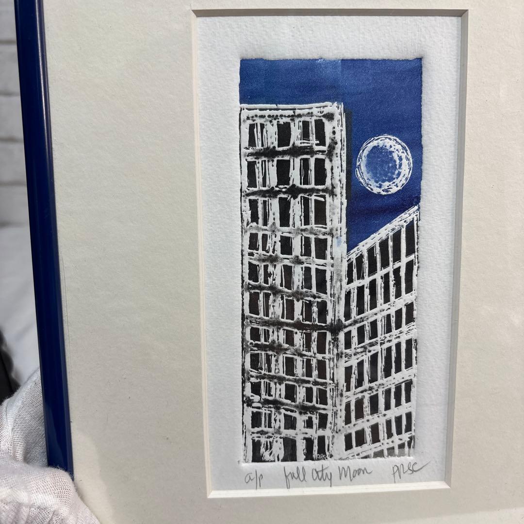 版画 額装 full city Moon 建物 アート インテリア