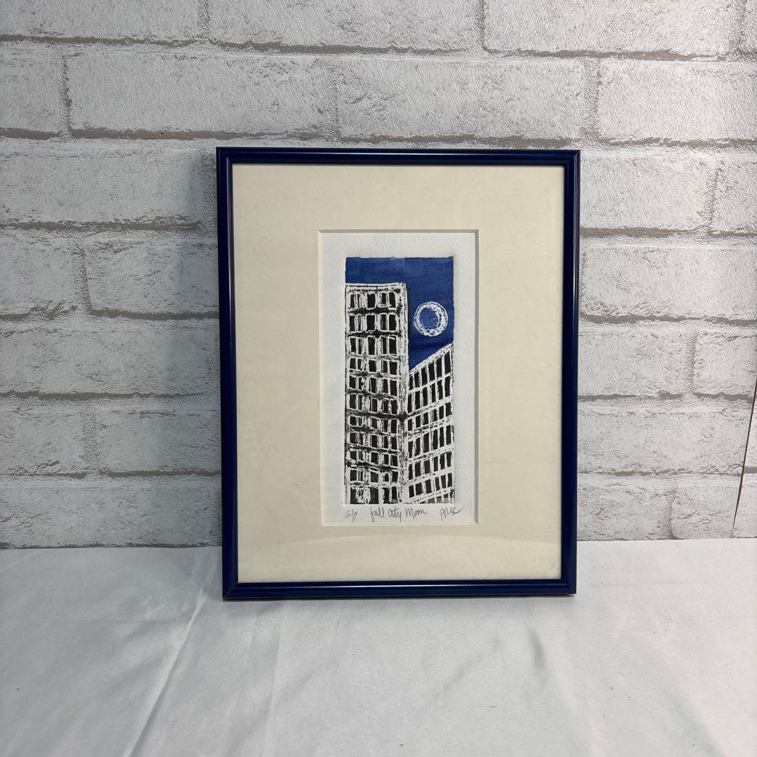版画 額装 full city Moon 建物 アート インテリア