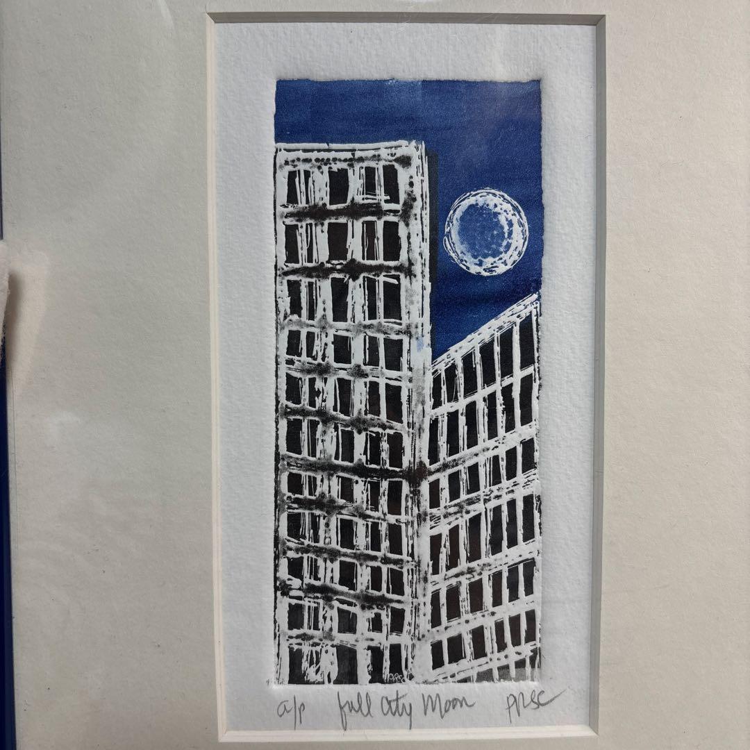 版画 額装 full city Moon 建物 アート インテリア