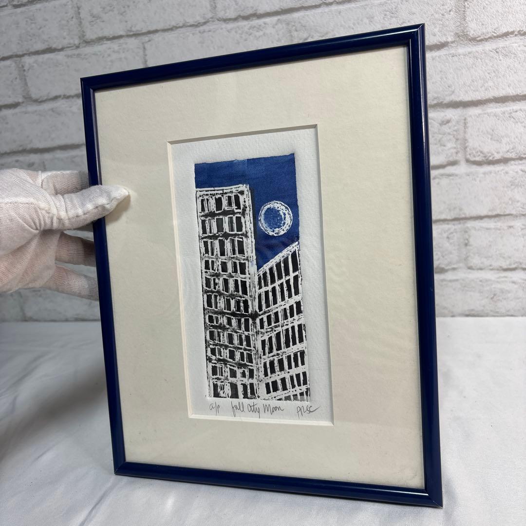 版画 額装 full city Moon 建物 アート インテリア