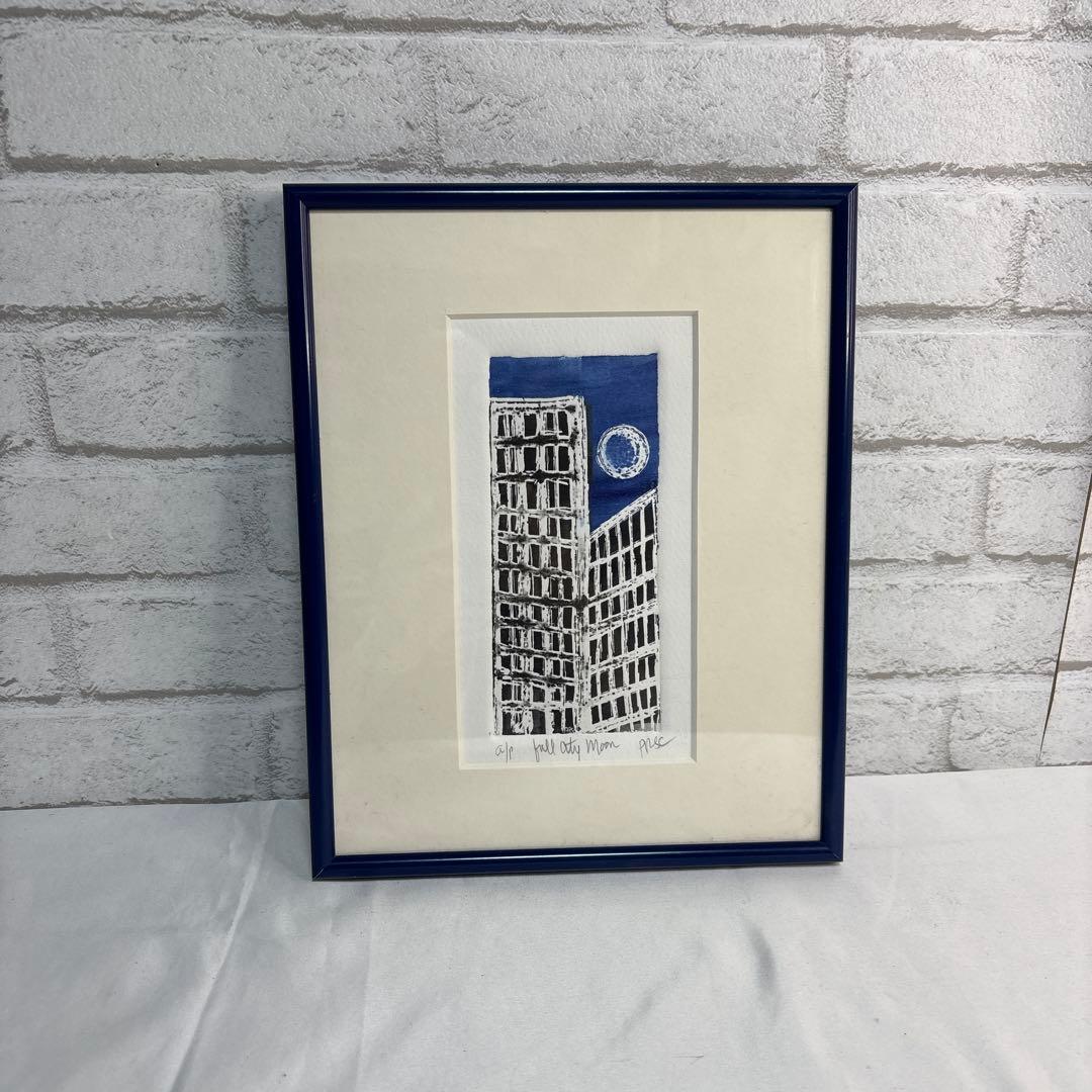 版画 額装 full city Moon 建物 アート インテリア