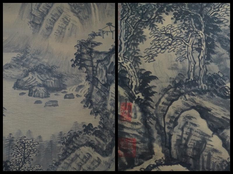 掛軸 爽文作『尋幽覧勝山水図』中国画 絹本 肉筆 掛け軸★時代物★