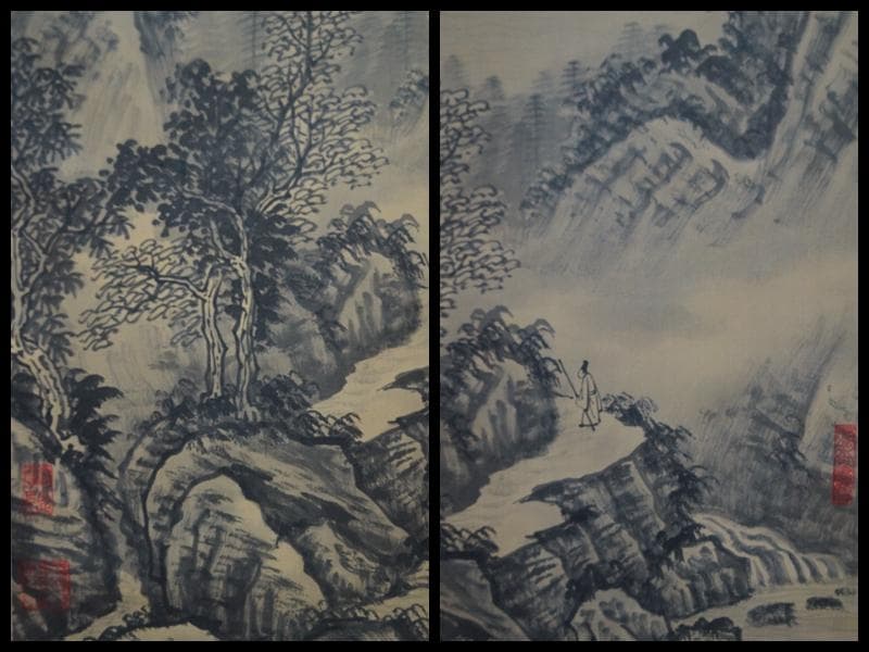 掛軸 爽文作『尋幽覧勝山水図』中国画 絹本 肉筆 掛け軸★時代物★