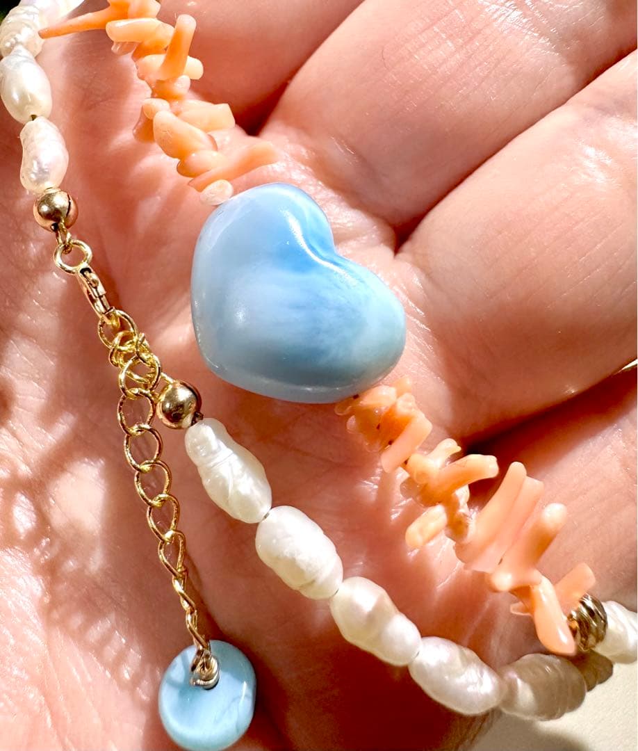 14kgf  ハートラリマー　珊瑚　淡水パール　ブレスレット（ネックレス）