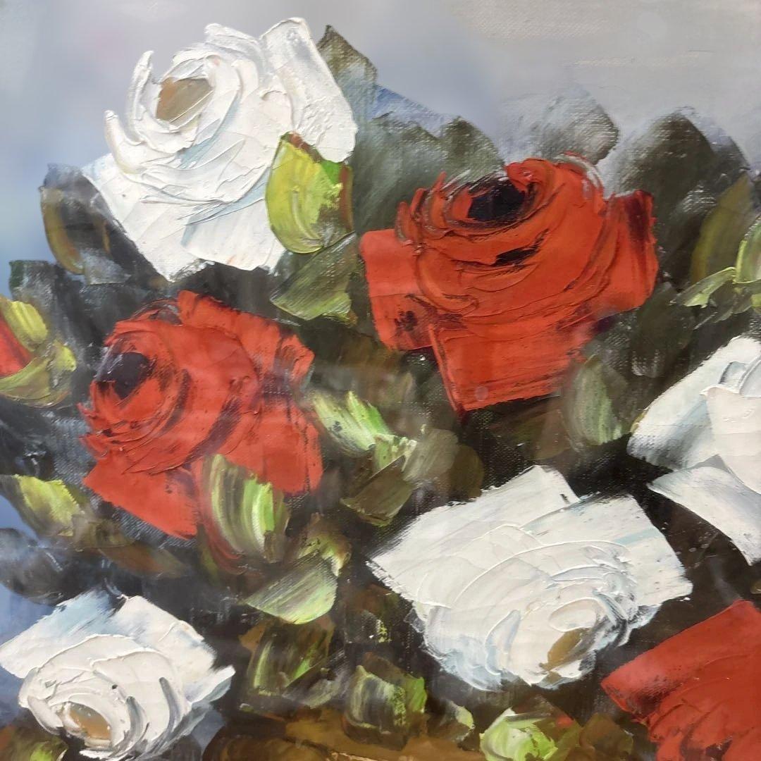 【真作】鹿児島 洋画家 藤井章次「薔薇」油彩 F6号 作家紹介しおり付 額装