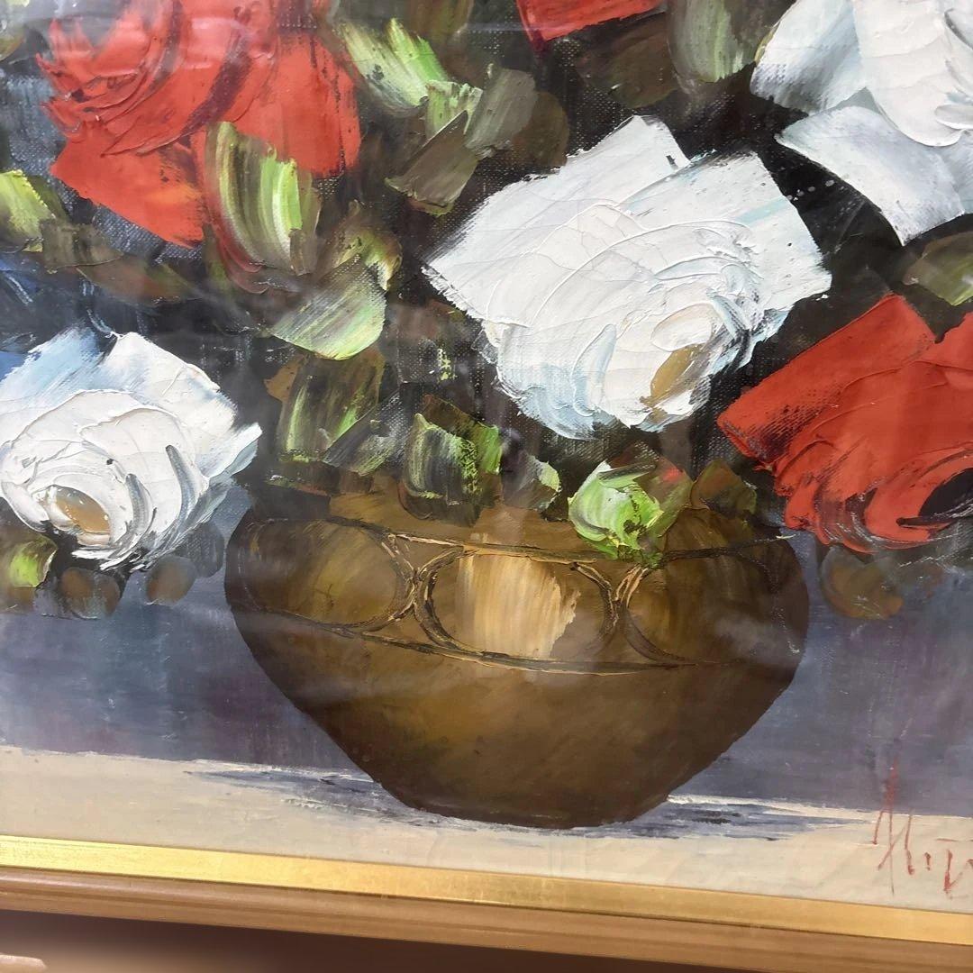 【真作】鹿児島 洋画家 藤井章次「薔薇」油彩 F6号 作家紹介しおり付 額装