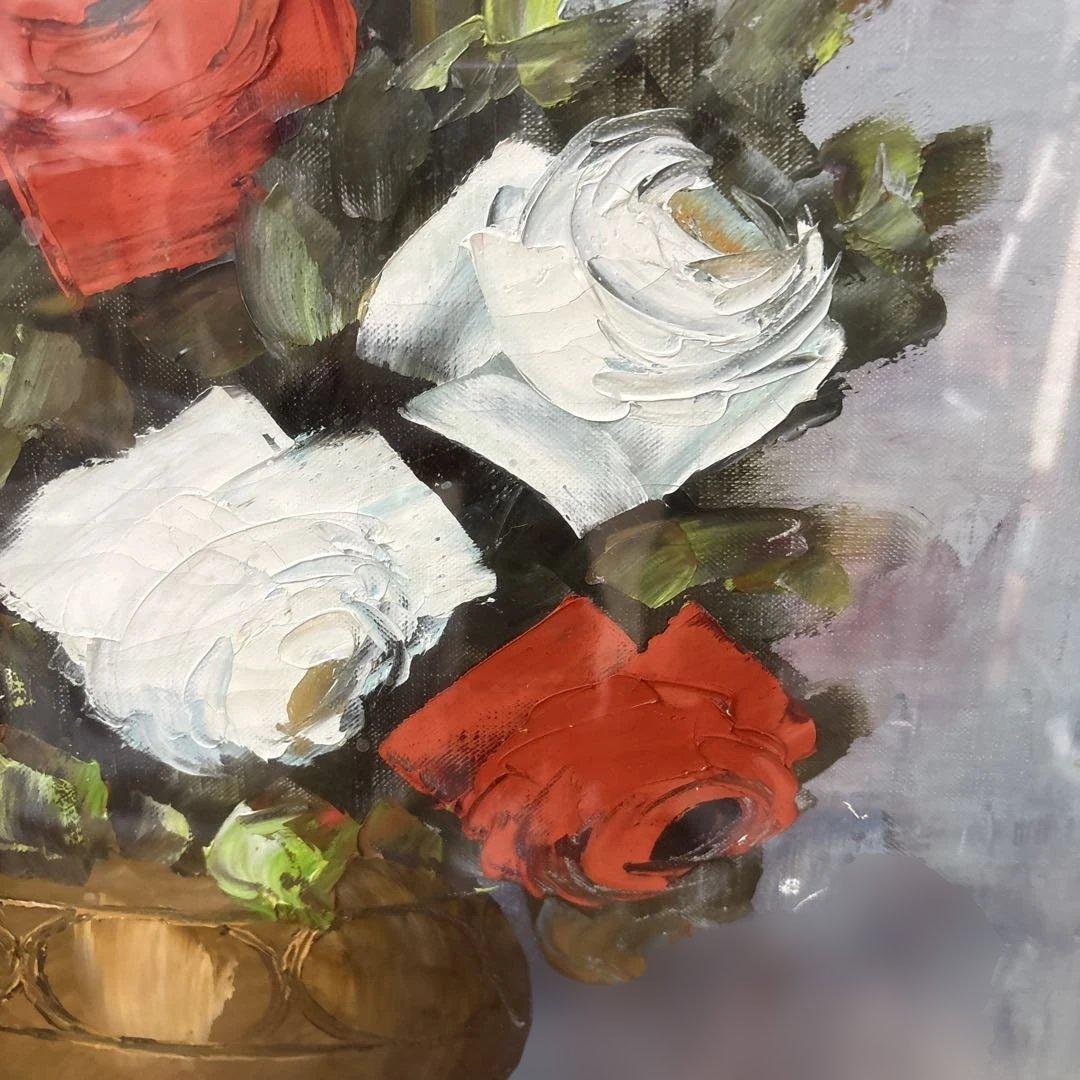 【真作】鹿児島 洋画家 藤井章次「薔薇」油彩 F6号 作家紹介しおり付 額装