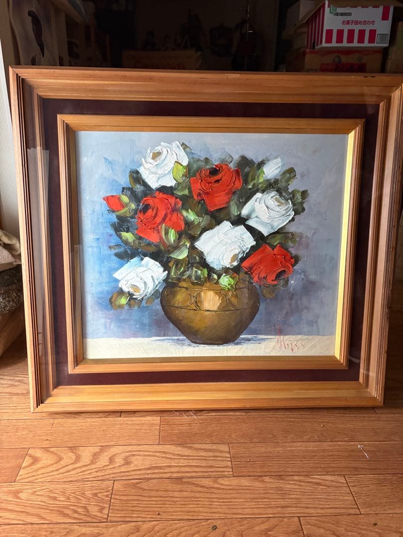 【真作】鹿児島 洋画家 藤井章次「薔薇」油彩 F6号 作家紹介しおり付 額装