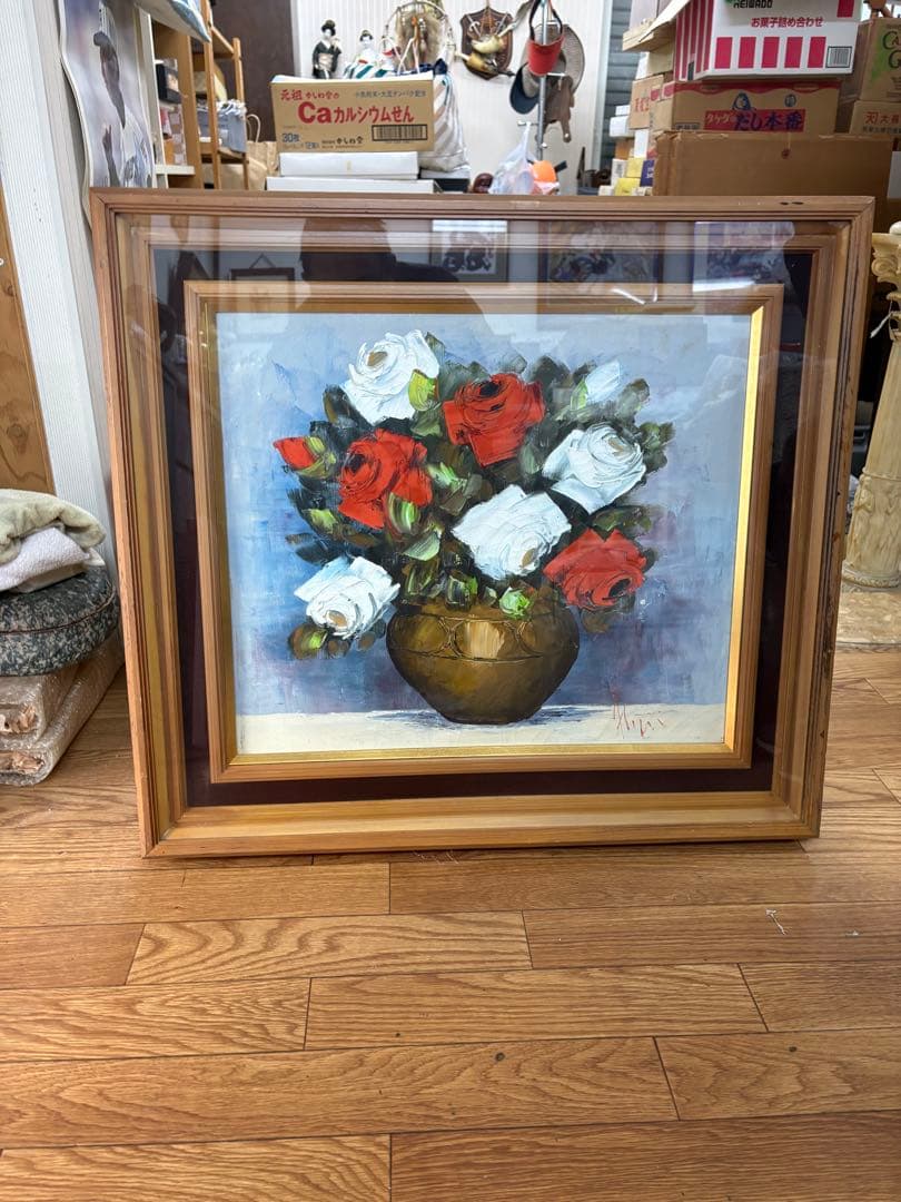 【真作】鹿児島 洋画家 藤井章次「薔薇」油彩 F6号 作家紹介しおり付 額装
