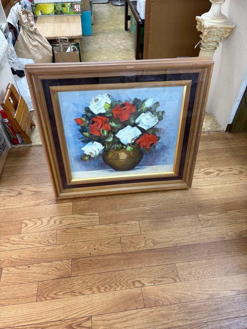 【真作】鹿児島 洋画家 藤井章次「薔薇」油彩 F6号 作家紹介しおり付 額装
