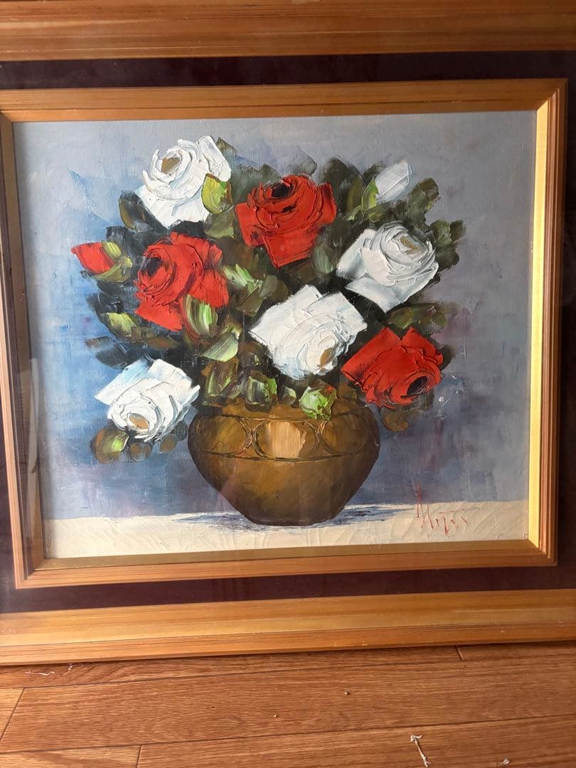 【真作】鹿児島 洋画家 藤井章次「薔薇」油彩 F6号 作家紹介しおり付 額装