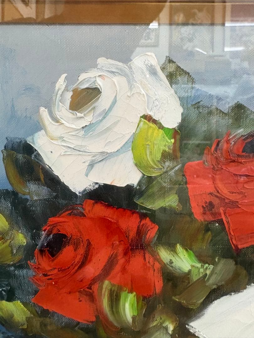 【真作】鹿児島 洋画家 藤井章次「薔薇」油彩 F6号 作家紹介しおり付 額装