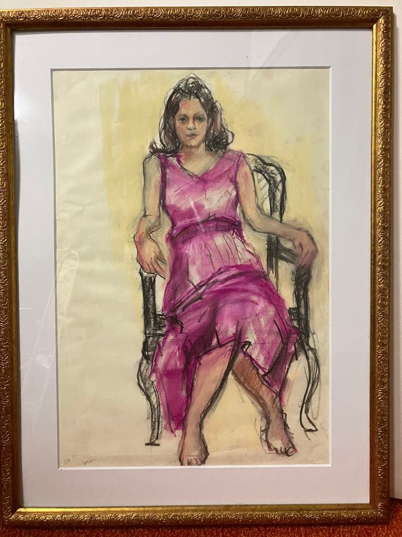 値下げ、パステル画、人物スケッチ、自筆画