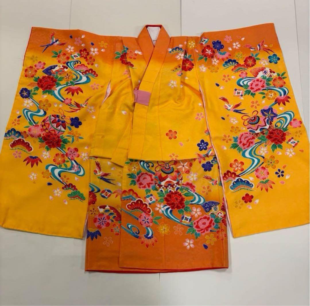 七五三　3歳女の子着物　２点セット　新品　華やか黄色　紅型風　鈴　松竹梅　鳳凰