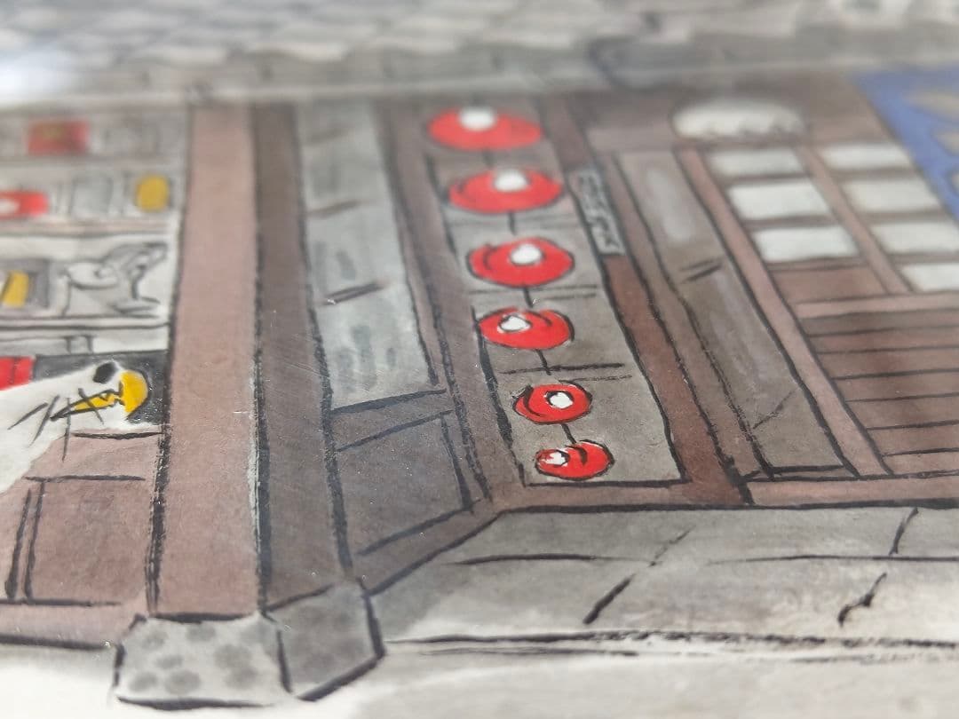 美品【糸井 忠晴】墨彩画 フレーム付き直筆原画色紙 原画 有馬温泉/町屋の薬屋