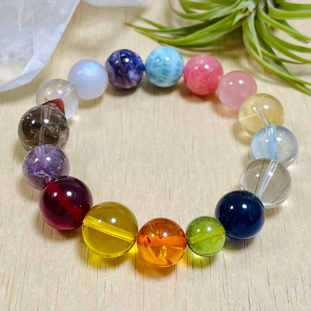 天然琥珀・天然石（ラリマー、インカローズ、ブルートパーズ等）大粒ブレスレット