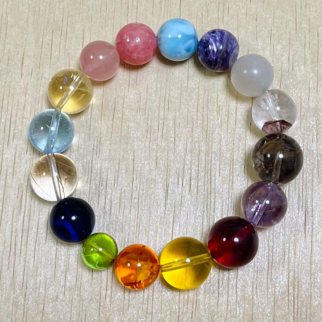 天然琥珀・天然石（ラリマー、インカローズ、ブルートパーズ等）大粒ブレスレット