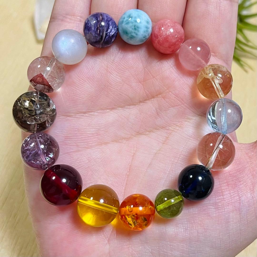 天然琥珀・天然石（ラリマー、インカローズ、ブルートパーズ等）大粒ブレスレット