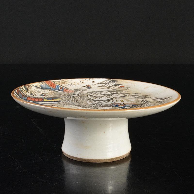 中国　大清光緒年製　粉彩山水文　高足盤　N　R6782E
