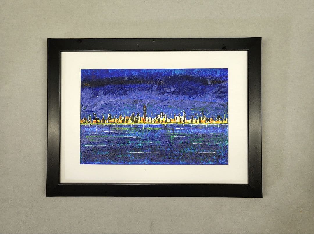 「海岸通り夜景」アクリル原画 額装作品 マット仕様