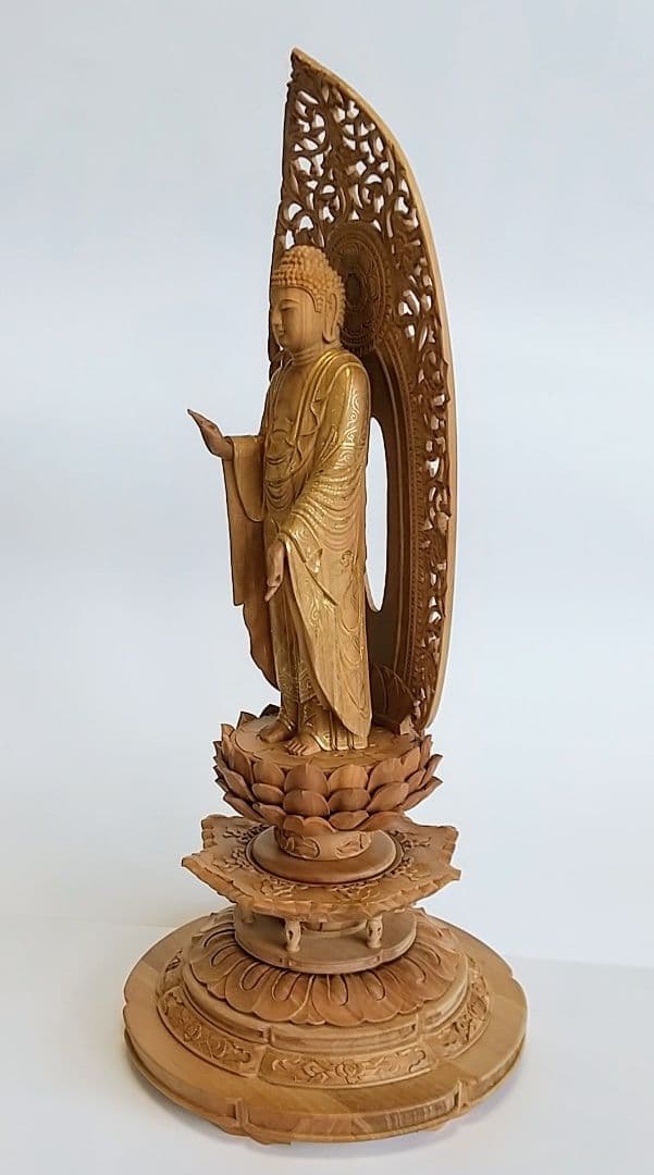 阿弥陀如来立像 5寸 #659+#557 円台座 宝相華唐草 ◆白檀 木彫 仏像