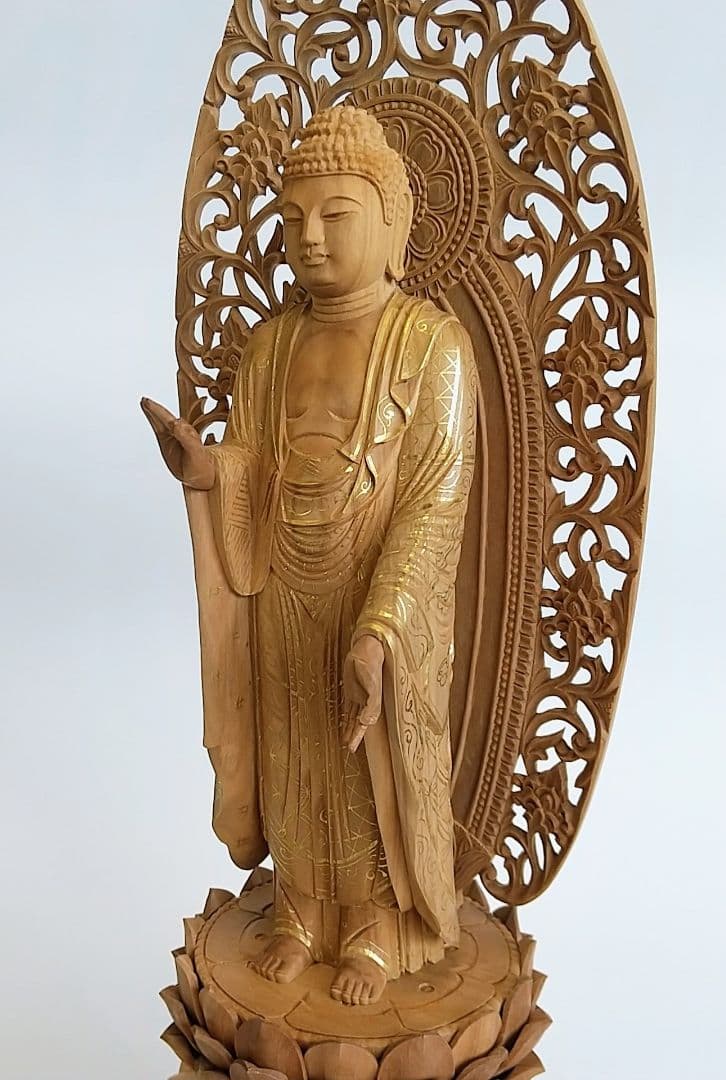 阿弥陀如来立像 5寸 #659+#557 円台座 宝相華唐草 ◆白檀 木彫 仏像