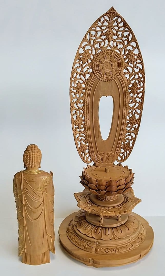 阿弥陀如来立像 5寸 #659+#557 円台座 宝相華唐草 ◆白檀 木彫 仏像