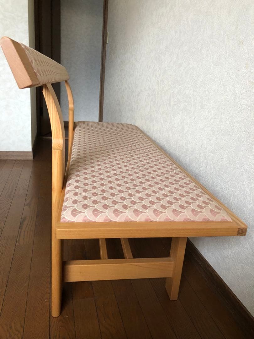 天然木　布貼り　ソファベンチ　3人掛け　組み木　家具　青海波　ピンク送料込み