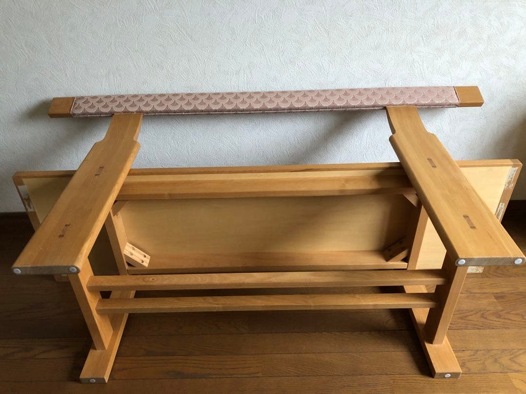 天然木　布貼り　ソファベンチ　3人掛け　組み木　家具　青海波　ピンク送料込み