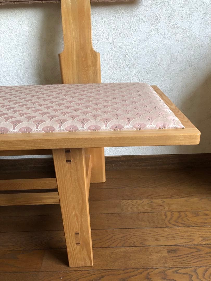 天然木　布貼り　ソファベンチ　3人掛け　組み木　家具　青海波　ピンク送料込み