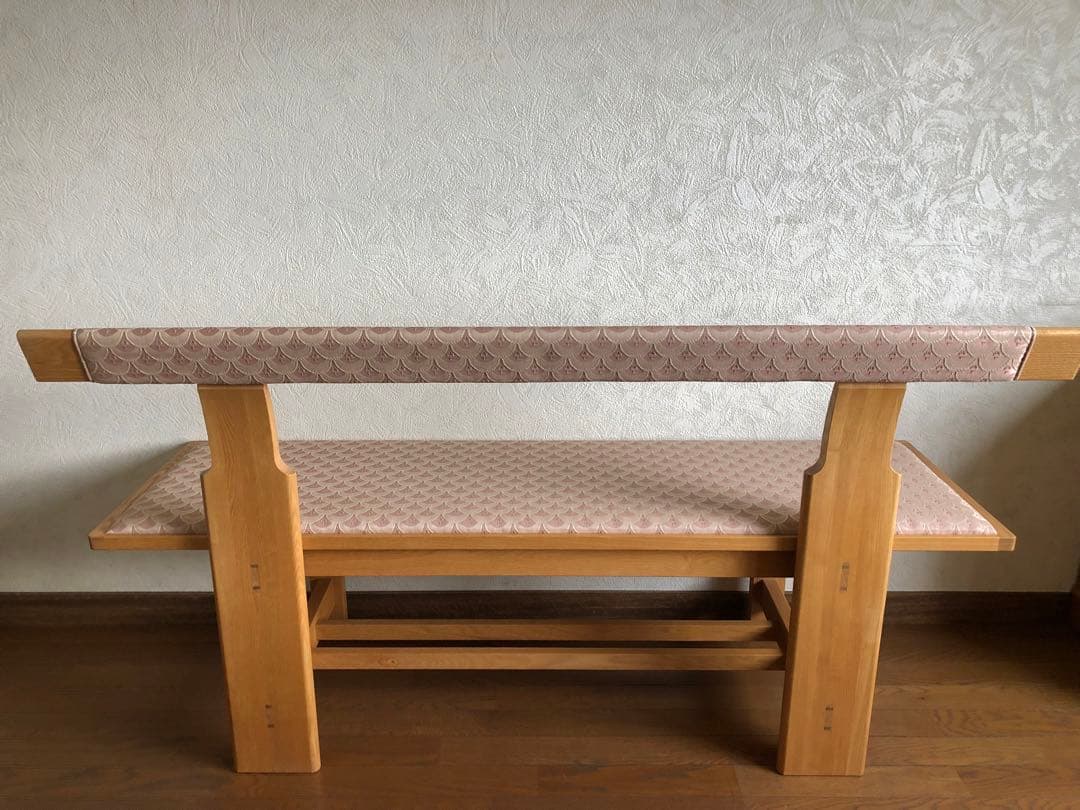 天然木　布貼り　ソファベンチ　3人掛け　組み木　家具　青海波　ピンク送料込み