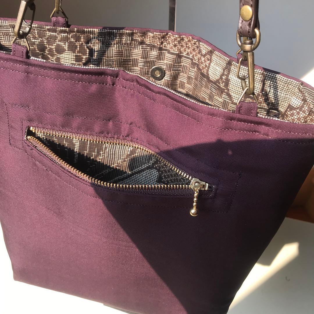 コンパクトサイズ帯リメイクブラウンパープル鳥デザイン トートバッグ