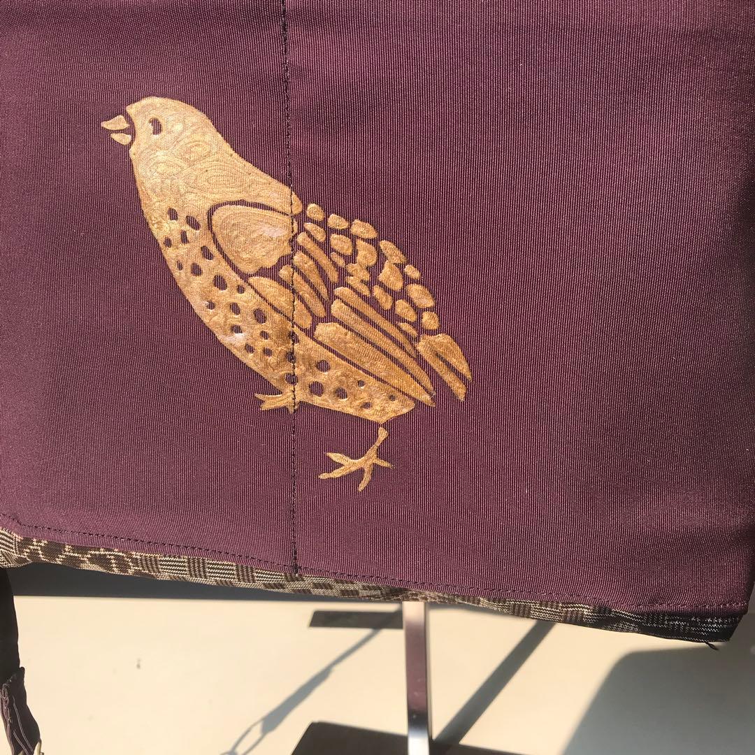 コンパクトサイズ帯リメイクブラウンパープル鳥デザイン トートバッグ