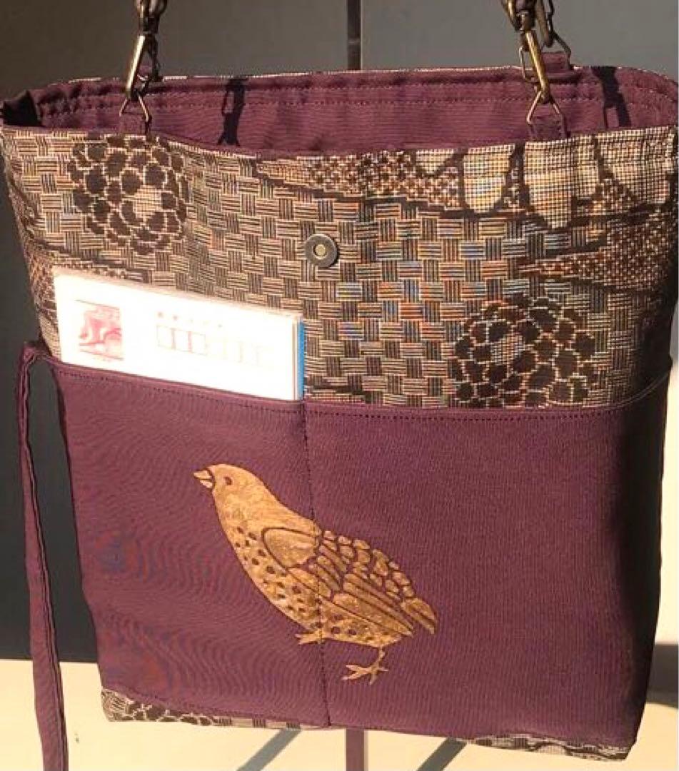 コンパクトサイズ帯リメイクブラウンパープル鳥デザイン トートバッグ